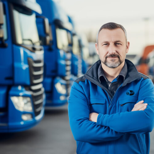 man standing in front of a line of trucks